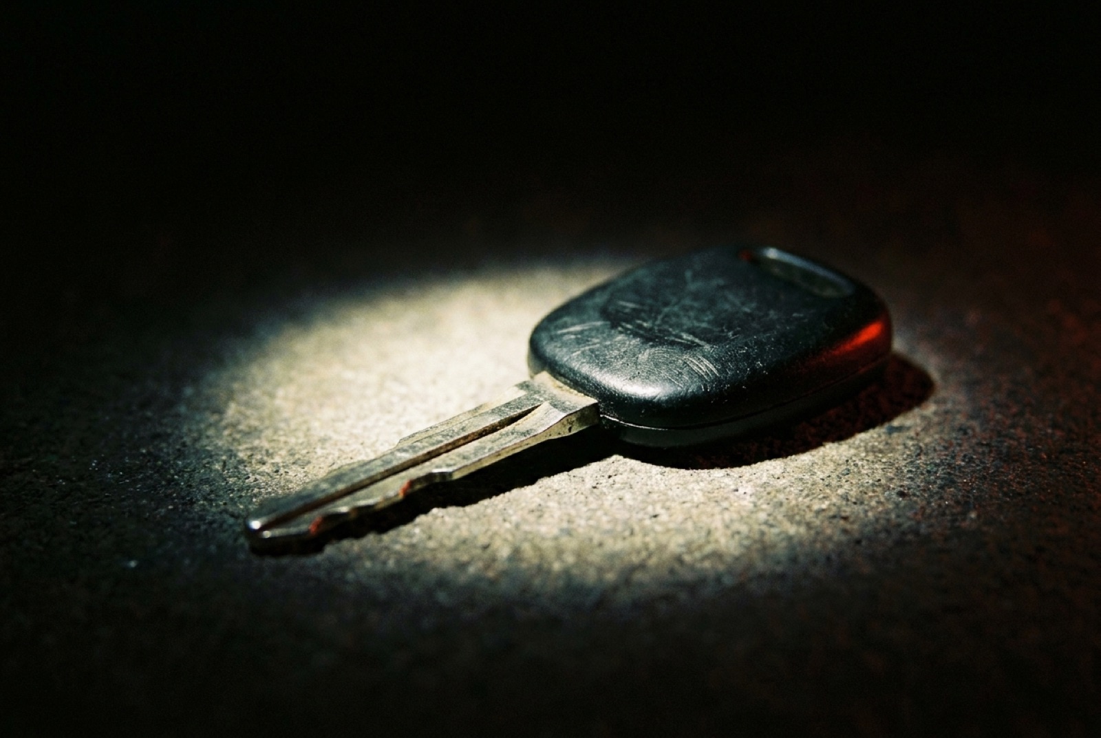 A single car key on dark concrete under a spotlight